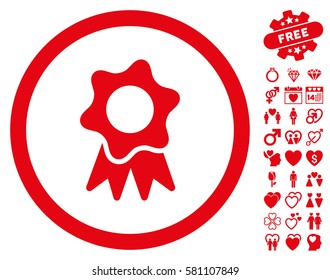 Award Seal icon with bonus romantic clip art. Vector illustration style is flat iconic red symbols on white background.