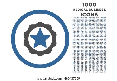 Award Seal rounded vector bicolor icon with 1000 medical business icons. Set style is flat pictograms, cobalt and gray colors, white background.