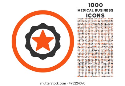 Award Seal rounded vector bicolor icon with 1000 medical business icons. Set style is flat pictograms, orange and gray colors, white background.