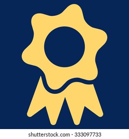 Award Seal vector icon. Style is flat symbol, yellow color, rounded angles, blue background.