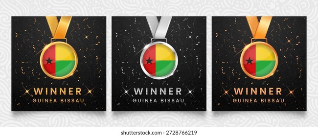 Conjunto de prêmios com medalhas de ouro, prata e bronze com a bandeira da Guiné-Bissau. Situado em um fundo de luxo escuro com confetes e destaques de estrelas. Design profissional de medalhas vetoriais.