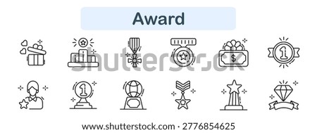 Award set icon. Gift box, podium, medal ribbon, badge star, prize money, number one medal, winner figure, trophy cup, globe award, ribbon medal, star trophy, diamond prize. Achievement visuals