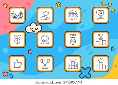 Icono de conjunto de premios. Laurel, estrella, insignia, trofeo, medalla, cinta, podio, pulgares para arriba, primer lugar, excelencia. Logro, clasificación, victoria, competencia, éxito.