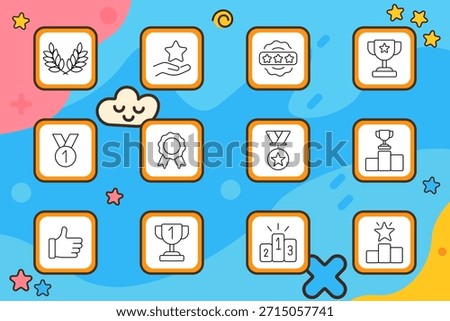 Award set icon. Laurel, star, badge, trophy, medal, ribbon, podium, thumbs up, first place, excellence. Achievement, ranking, victory, competition, success.