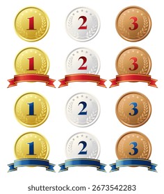 Conjunto de premios con cinta y medalla. Ilustración vectorial sobre fondo blanco.