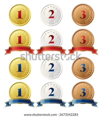 Award set with ribbon and medal. Vector illustration on white background.