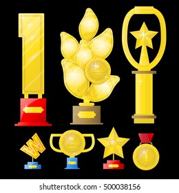 Award Set of trophies, medals, cup and trophy, icons and ribbons for winners in competitions. Award Icons in flat style. Isolated award illustrations
