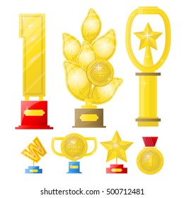 Award Set of trophies, medals, cup and trophy, icons and ribbons for winners in competitions. Award Icons in flat style. Isolated award illustrations