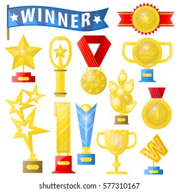 Award Set of trophies, medals, cup and trophy, icons and ribbons for winners in competitions. Award Icons in flat style. Isolated award illustrations