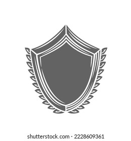 Ilustración vectorial de icono de glifo blindado de galardón. Silhouette de escudo retro con hojas en la frontera, escudo familiar heráldico de seguridad y emblema vintage de heraldry, aristocracia y seguridad