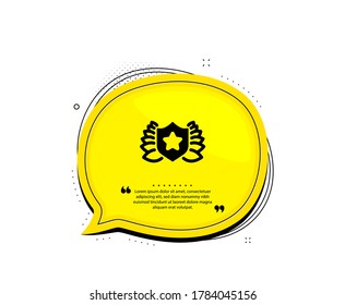 Award shield icon. Quote speech bubble. Laurel wreath symbol. Laureate sign. Quotation marks. Classic laureate icon. Vector