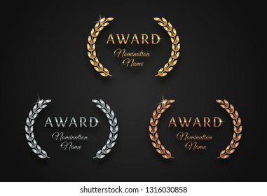 Award sign with laurel wreath - golden, silver and bronze variants, isolated on black background. Award sign vector set.