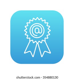 Award with an at sign line icon for web, mobile and infographics. Vector white icon on the blue gradient square with rounded corners isolated on white background.