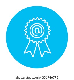 Award with an at sign line icon for web, mobile and infographics. Vector white icon on the light blue circle isolated on white background.