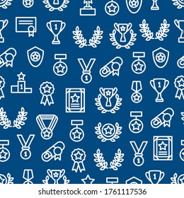 Award Signs Thin Line Seamless Pattern Background Include of Trophy, Medal, Cup, Star, Badge and Ribbon. Vector illustration of Icons