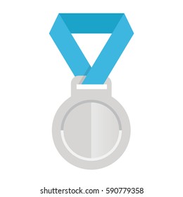 award silver medal with blue ribbon, vector icon