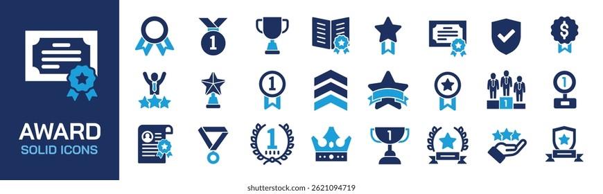 Award solid icons collection. Containing reward, certificate, winner, trophy. Perfect pixel on transparent background. Vector illustration.