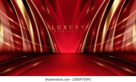 Award stage background with golden curved elements with glittering light effect decoration and bokeh, 3d modern luxury style scene design concept.