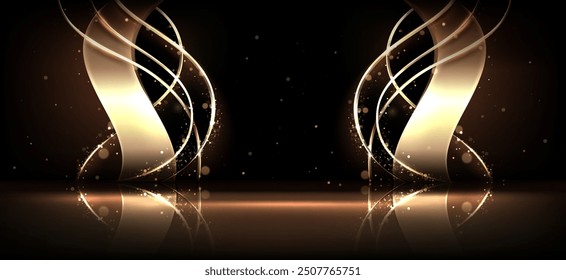 Award stage template with gold wave decorative elements on wall. Realistic 3d vector illustration of golden winner scene or product display podium. Luxury premium black background with bright glitter.