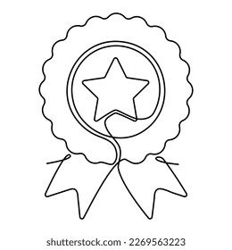 Award star badge continuous line art drawing. Vector illustration isolated on white.