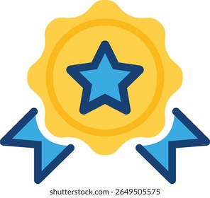Award Star Badge Vector – Flat Yellow Star in Blue Circle Ribbon Design
