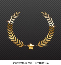 Award star and golden laurel. Gold prize elements on transparent background. Champion glory in competition vector illustration. Fame in film and cinema or championship in sport.