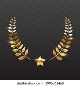 Award star and golden laurel. Gold prize elements on transparent background. Champion glory in competition vector illustration. Hollywood fame in film and cinema or championship in sport.