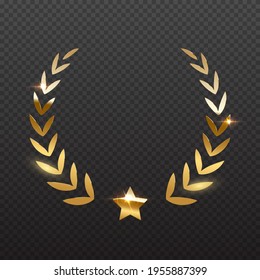 Galardonada estrella y laurel dorado. Elementos del premio de oro sobre fondo transparente. Gloria de campeón en la ilustración vectorial de la competencia. Fama de Hollywood en el cine y el campeonato deportivo.