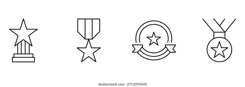 Conjunto de iconos de estrella de premio, trofeo de pie, medalla de estrella colgante, insignia de cinta circular, Ilustración vectorial de logro de contorno de premio de cinta de cuello.