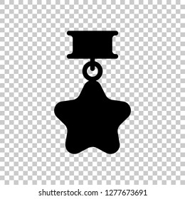 Award with star, medal and ribbon, icon of sport. Black symbol on transparent background