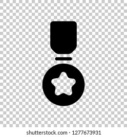 Award with star, medal and ribbon, icon of sport. Black symbol on transparent background