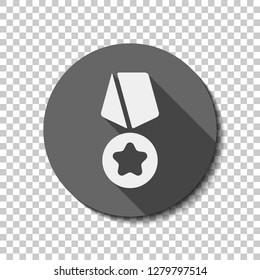 Award with star, medal and ribbon, icon of sport. flat icon, long shadow, circle, transparent grid. Badge or sticker style