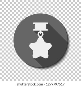 Award with star, medal and ribbon, icon of sport. flat icon, long shadow, circle, transparent grid. Badge or sticker style