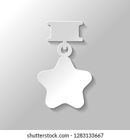 Award with star, medal and ribbon, icon of sport. Paper style with shadow on gray background
