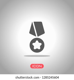Award with star, medal and ribbon, icon of sport. Icon under spotlight. Gray background