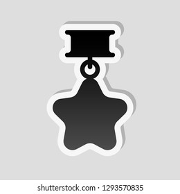 Award with star, medal and ribbon, icon of sport. Sticker style with white border and simple shadow on gray background