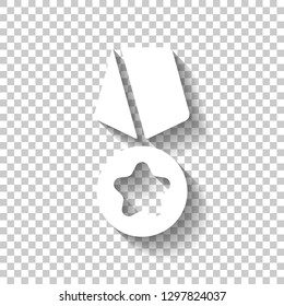Award with star, medal and ribbon, icon of sport. White icon with shadow on transparent background