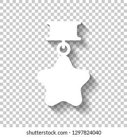Award with star, medal and ribbon, icon of sport. White icon with shadow on transparent background