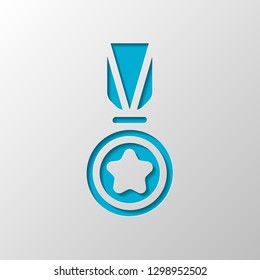 Award with star, medal and ribbon, icon of sport. Paper design. Cutted symbol with shadow