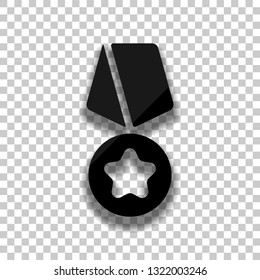 Award with star, medal and ribbon, icon of sport. Black glass icon with soft shadow on transparent background