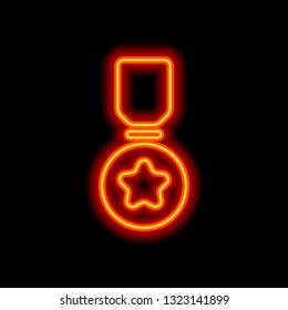 Award with star, medal and ribbon, icon of sport. Orange neon style on black background. Light icon