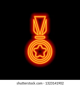 Award with star, medal and ribbon, icon of sport. Orange neon style on black background. Light icon