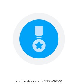 Award with star, medal and ribbon, icon of sport. Icon in colored circle with gray bold border. Web button, modern flat design