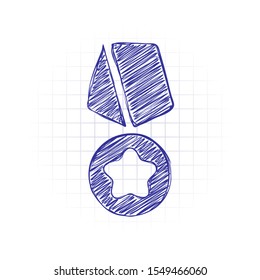 Award with star, medal and ribbon, icon of sport. Hand drawn sketched picture with scribble fill. Blue ink. Doodle on white background