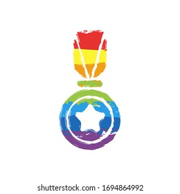 Award with star, medal and ribbon, icon of sport. Drawing sign with LGBT style, seven colors of rainbow (red, orange, yellow, green, blue, indigo, violet