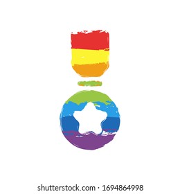 Award with star, medal and ribbon, icon of sport. Drawing sign with LGBT style, seven colors of rainbow (red, orange, yellow, green, blue, indigo, violet