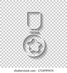 Award with star, medal and ribbon, icon of sport. White outline sign with shadow on transparent background