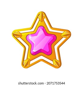 Award star. Pink stone in game stars, 1st label burst, cartoon vector illustration isolated on white background