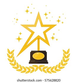 Award statue in shape of star with laurel wreath on stand. Trophy for first place in competition, film festival, achievement and success. Flat vector illustration. Objects isolated on background.