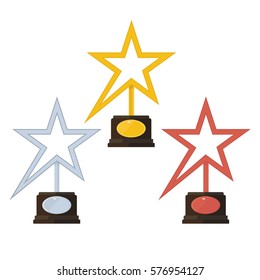 Award statue in shape of star with laurel wreath on stand. Trophy for first place in competition, film festival, achievement and success. Flat vector illustration. Objects isolated on background.